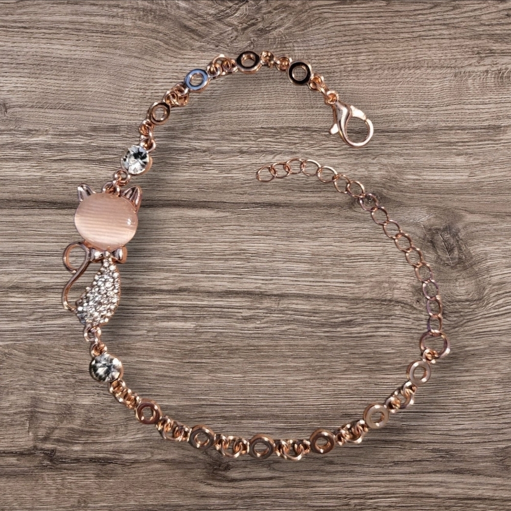 🩷3 for $15: Rose Gold Enamel & Crystal Cat Bracelet, 7"+2" Extender, NWOT